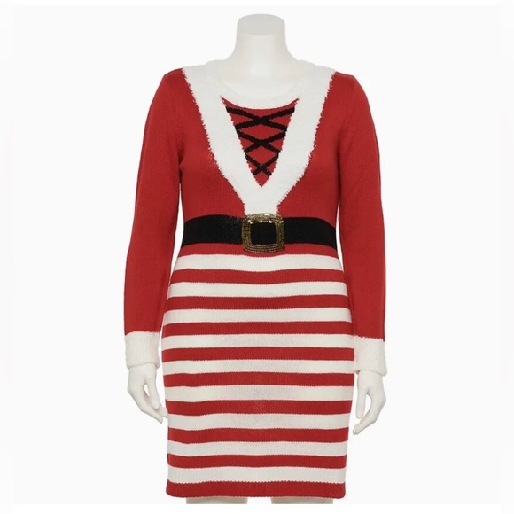 Christmas Santa Sweater Dress Women’s Junior’s Plus Size 1X Red White Stripes - Picture 1 of 2